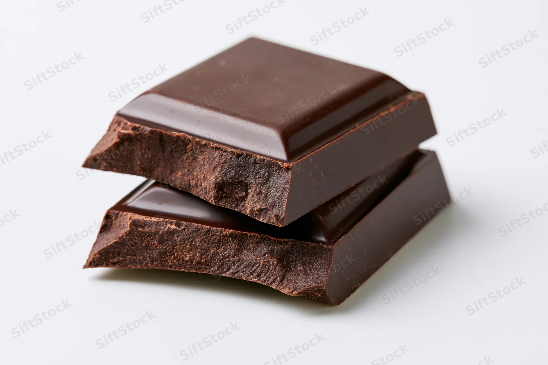 Two broken dark chocolate pieces stacked at an angle on white background