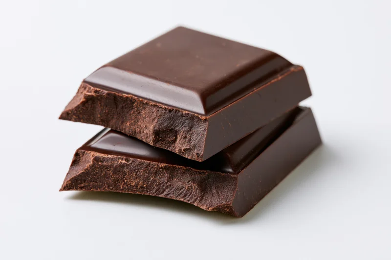 Two broken dark chocolate pieces stacked at an angle on white background