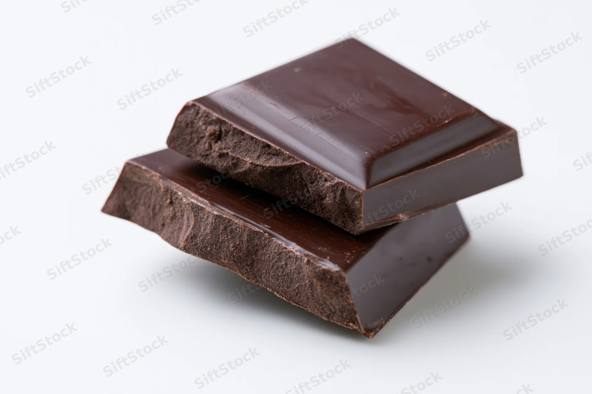 Two broken dark chocolate pieces stacked at an angle on white background