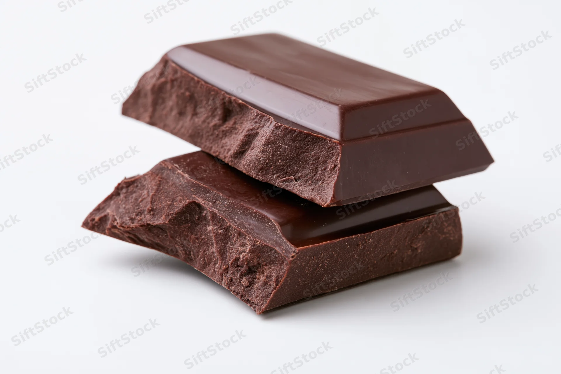 Two broken dark chocolate pieces stacked at an angle on a white background