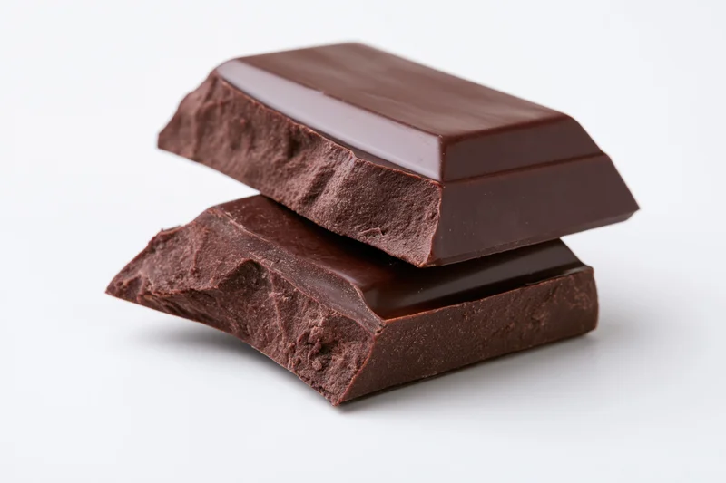 Two broken dark chocolate pieces stacked at an angle on a white background