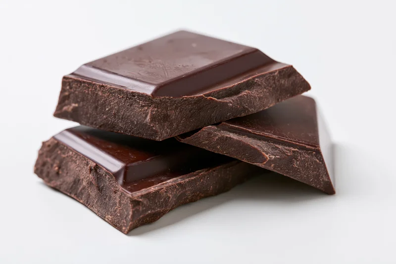 Broken dark chocolate pieces stacked at an angle on white background
