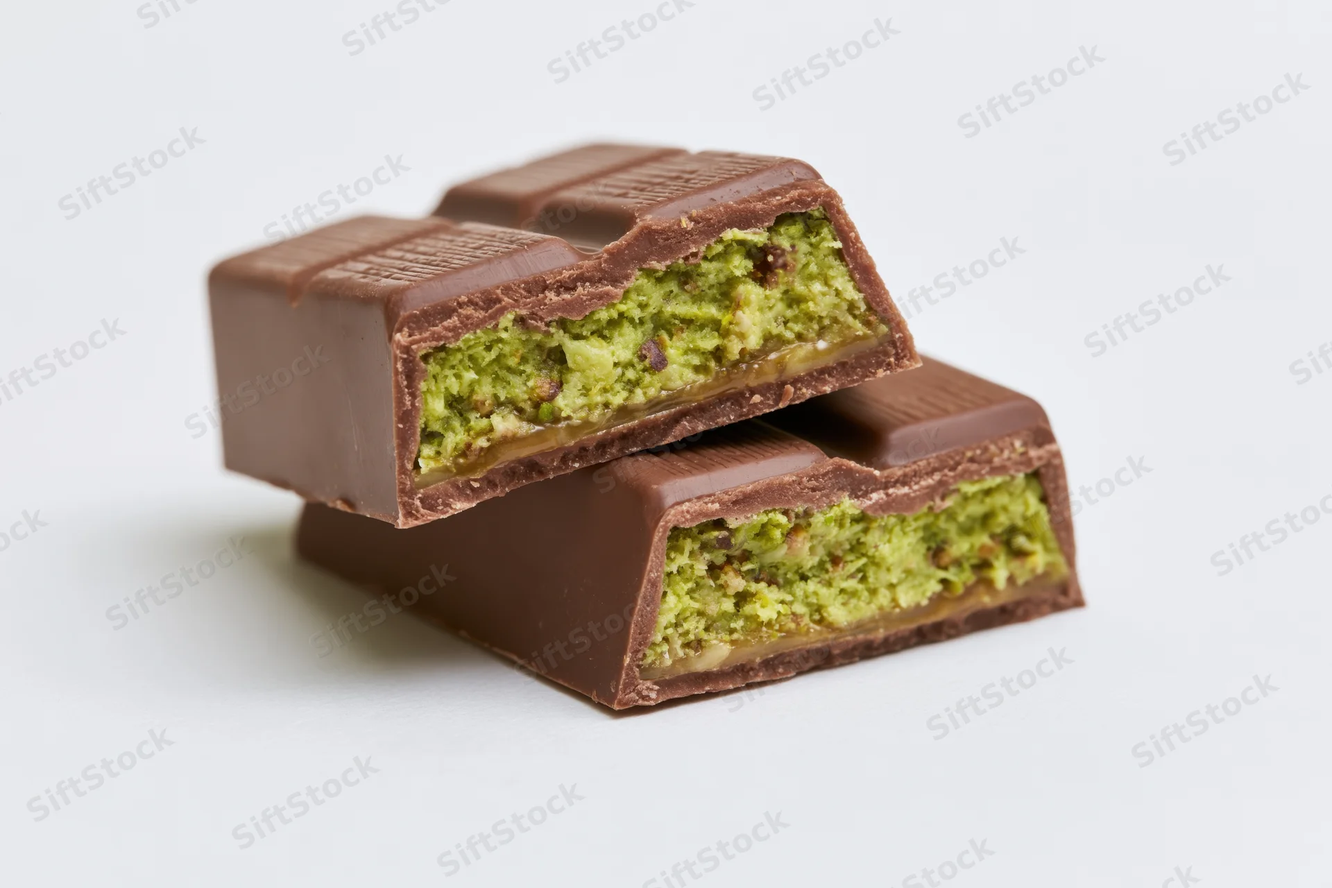 Two broken milk chocolate bar pieces stacked on white background showing green matcha and caramel filling