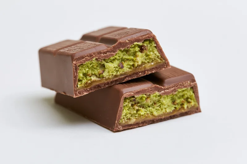 Two broken milk chocolate bar pieces stacked on white background showing green matcha and caramel filling