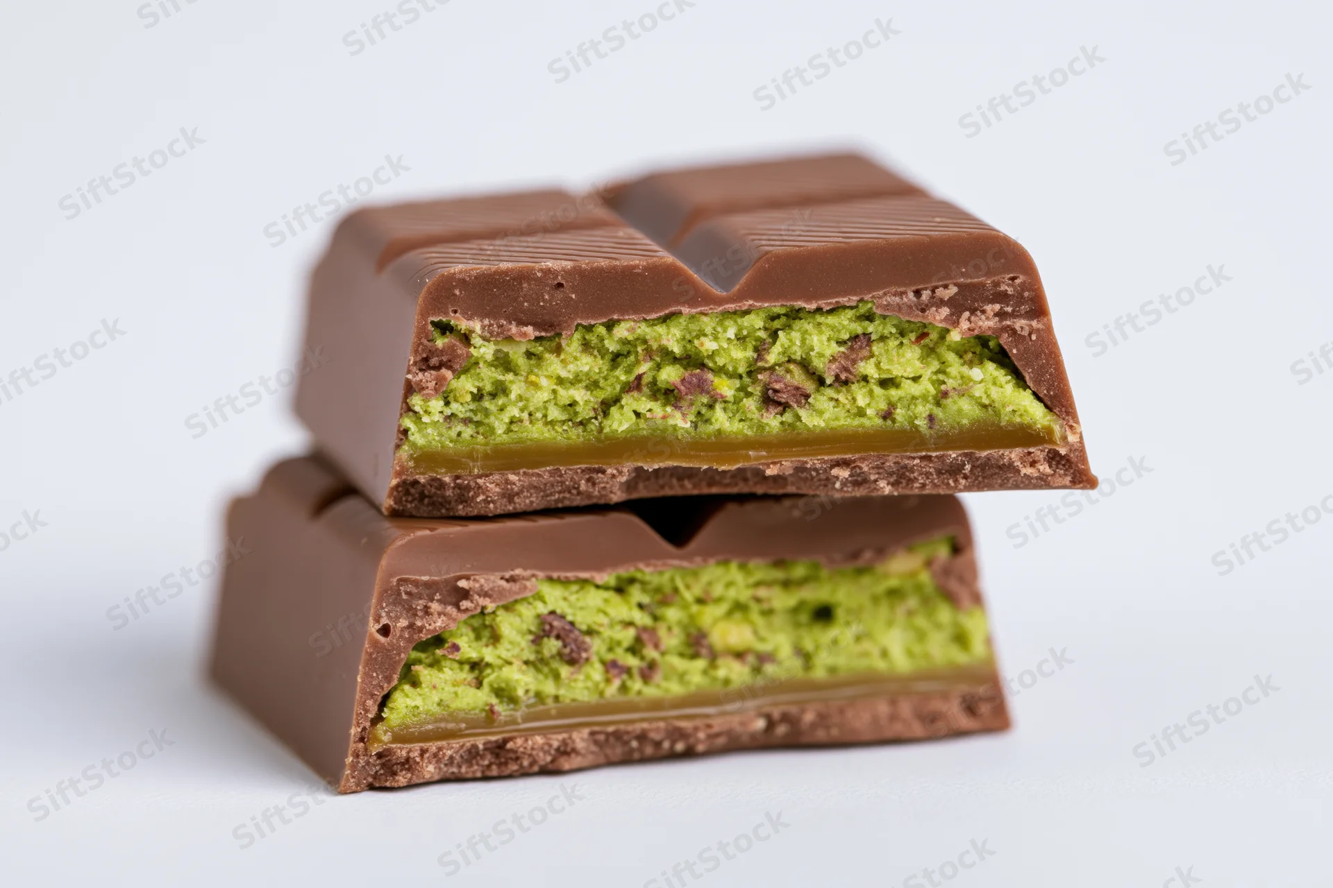 Two broken milk chocolate bar pieces stacked with green matcha and caramel filling on white background
