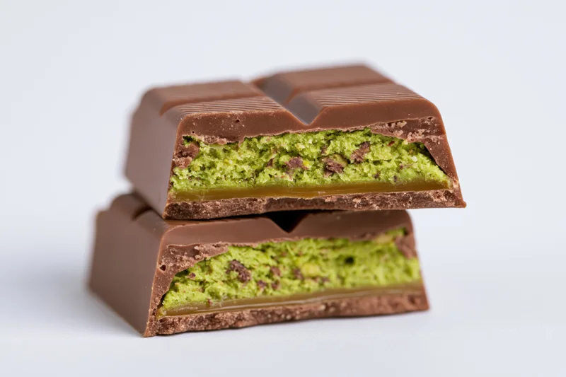 Two broken milk chocolate bar pieces stacked with green matcha and caramel filling on white background