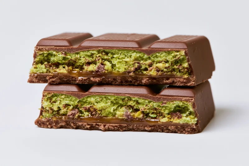 Two broken milk chocolate bars with green matcha filling and caramel layer stacked on white background