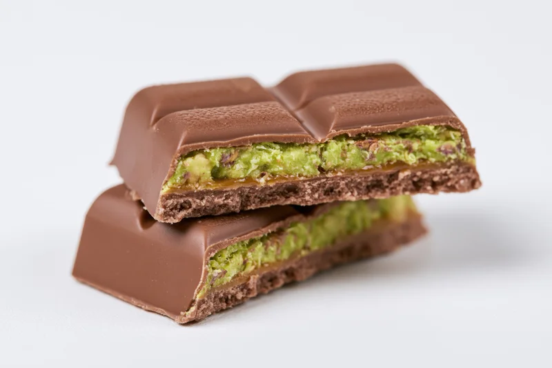 Two broken milk chocolate bar pieces stacked on white background showing green pistachio and caramel filling