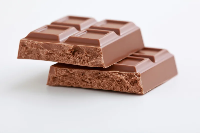 Two broken pieces of milk chocolate bar stacked on white background