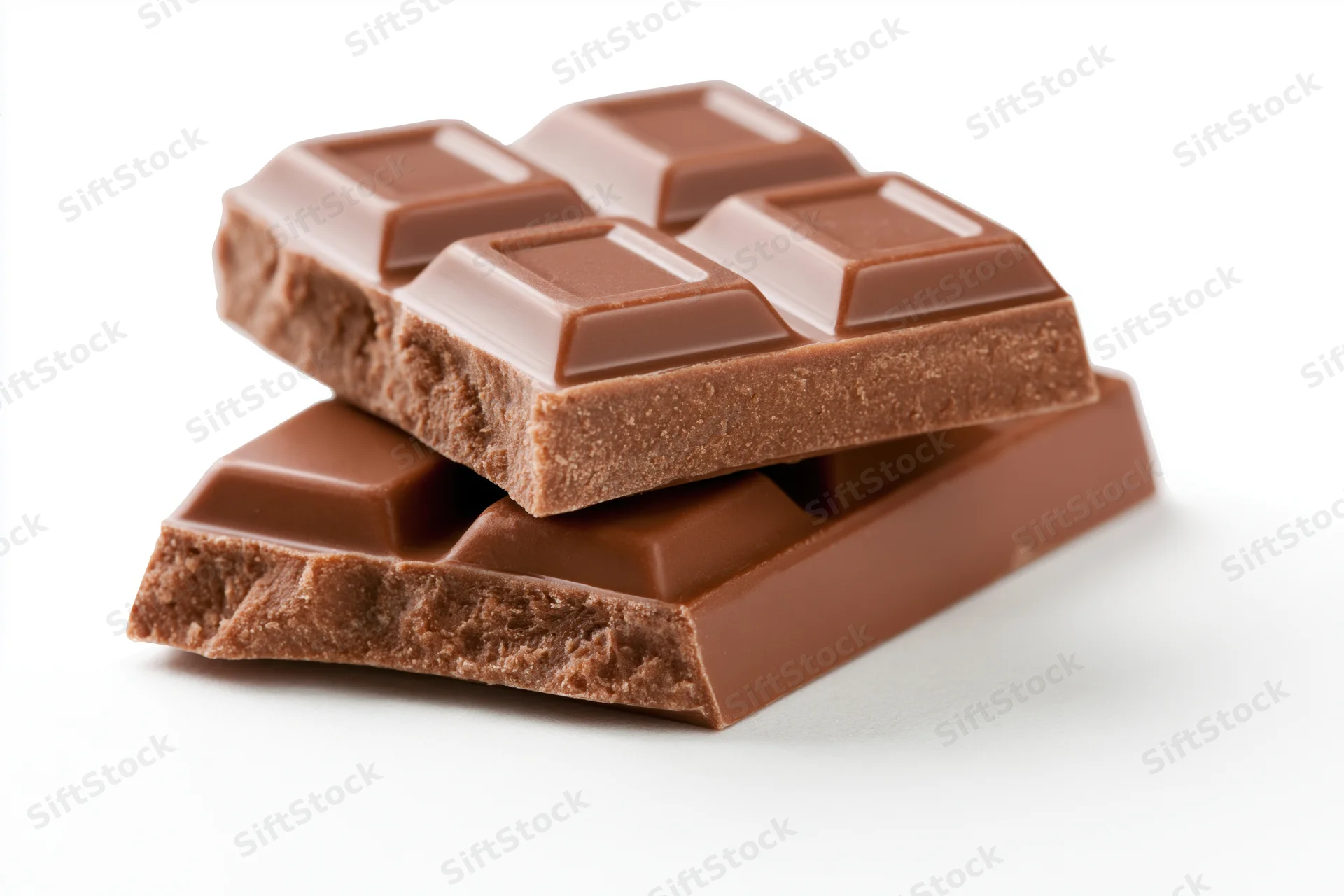 Two broken pieces of milk chocolate bar stacked on white background