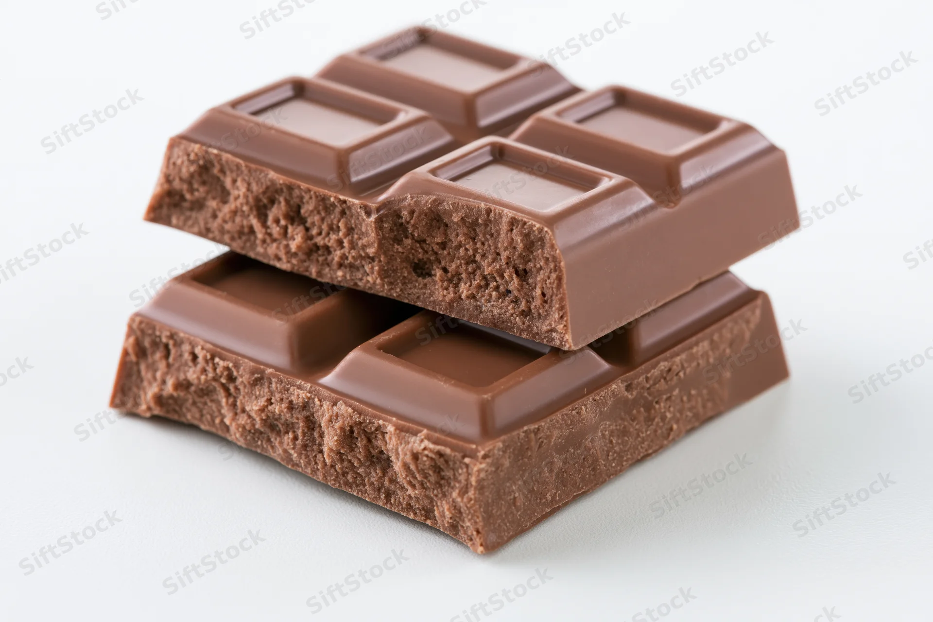 Two broken pieces of milk chocolate bar stacked on white surface