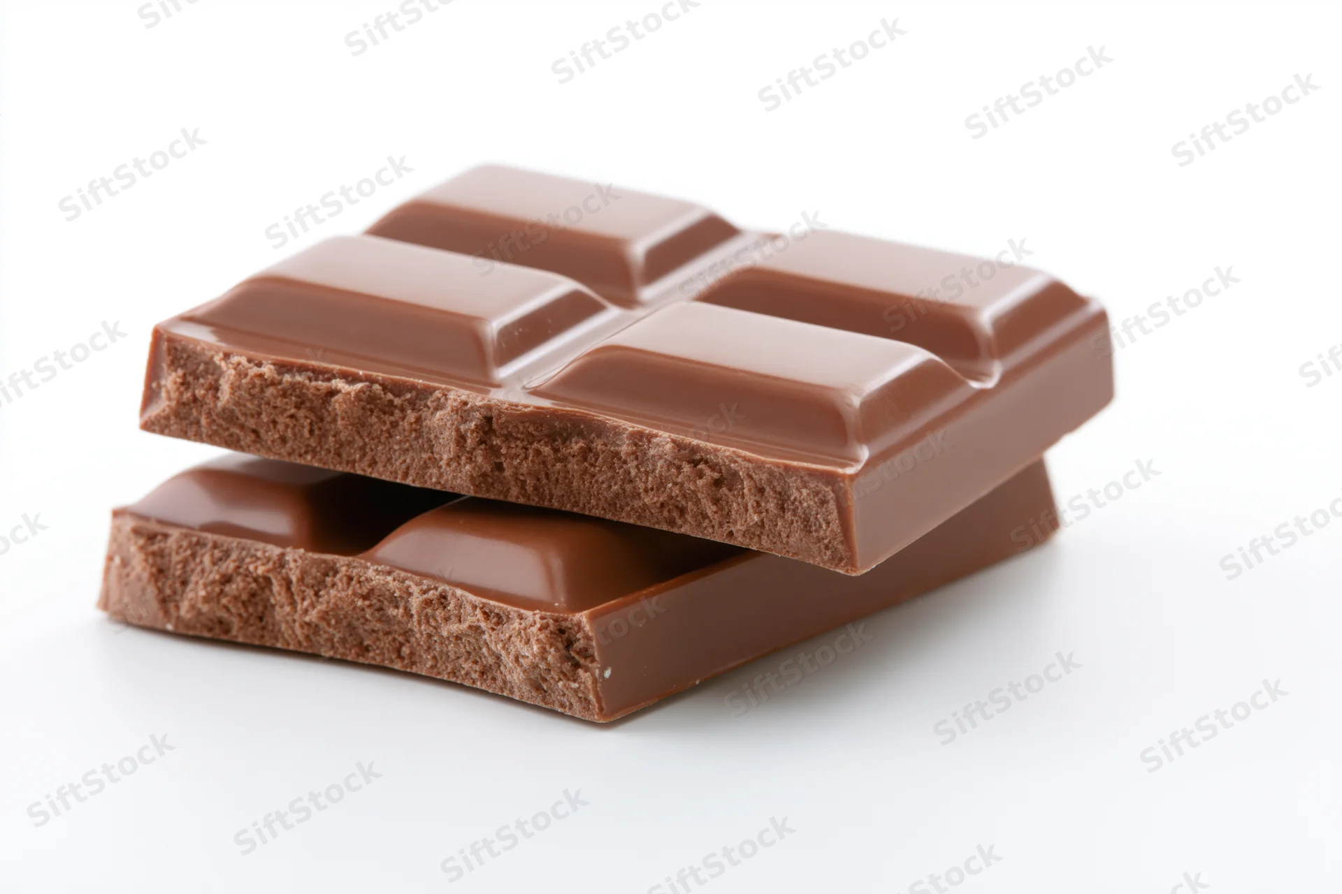 Two broken pieces of milk chocolate bar stacked on white background