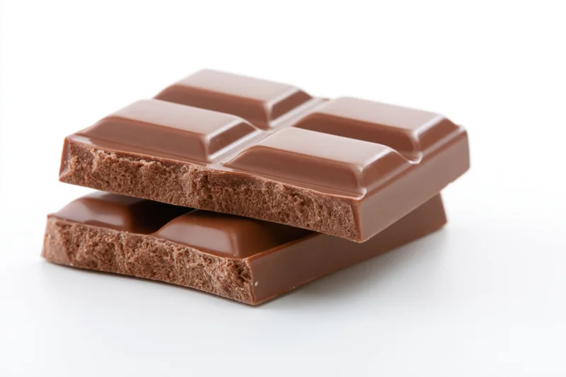 Two broken pieces of milk chocolate bar stacked on white background