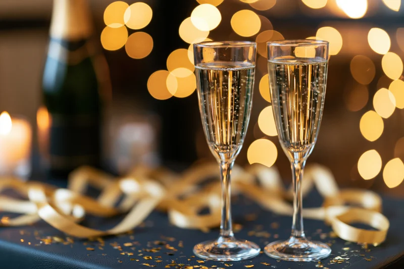 Two champagne flutes filled with sparkling wine on a decorated table with golden lights and confetti