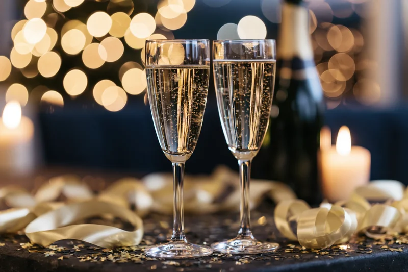 Two champagne flutes filled with sparkling wine on a decorated table with candles and festive lights