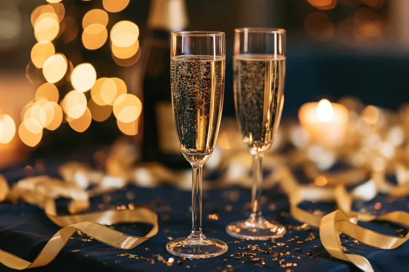 Two champagne flutes filled with sparkling wine on a decorated table with golden ribbons and bokeh lights in the background