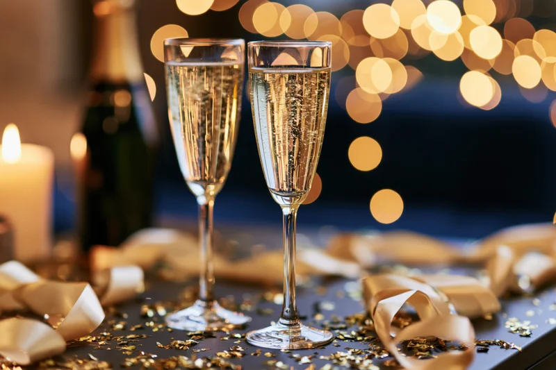 Two champagne flutes filled with sparkling wine on a decorated table with confetti and ribbon, lit by candle and bokeh lights in the background
