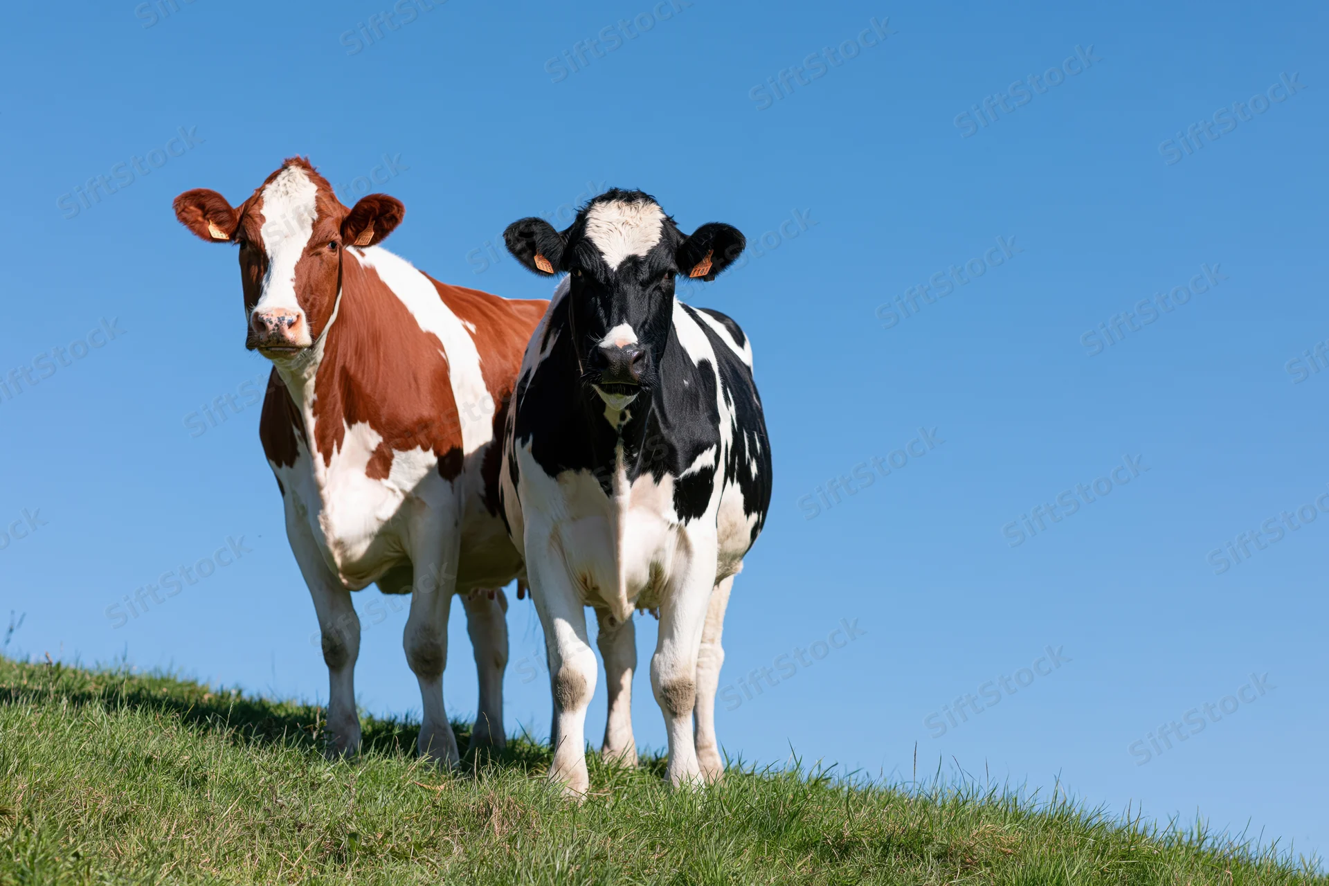 Two dairy cows standing on a grassy hill under a clear blue sky