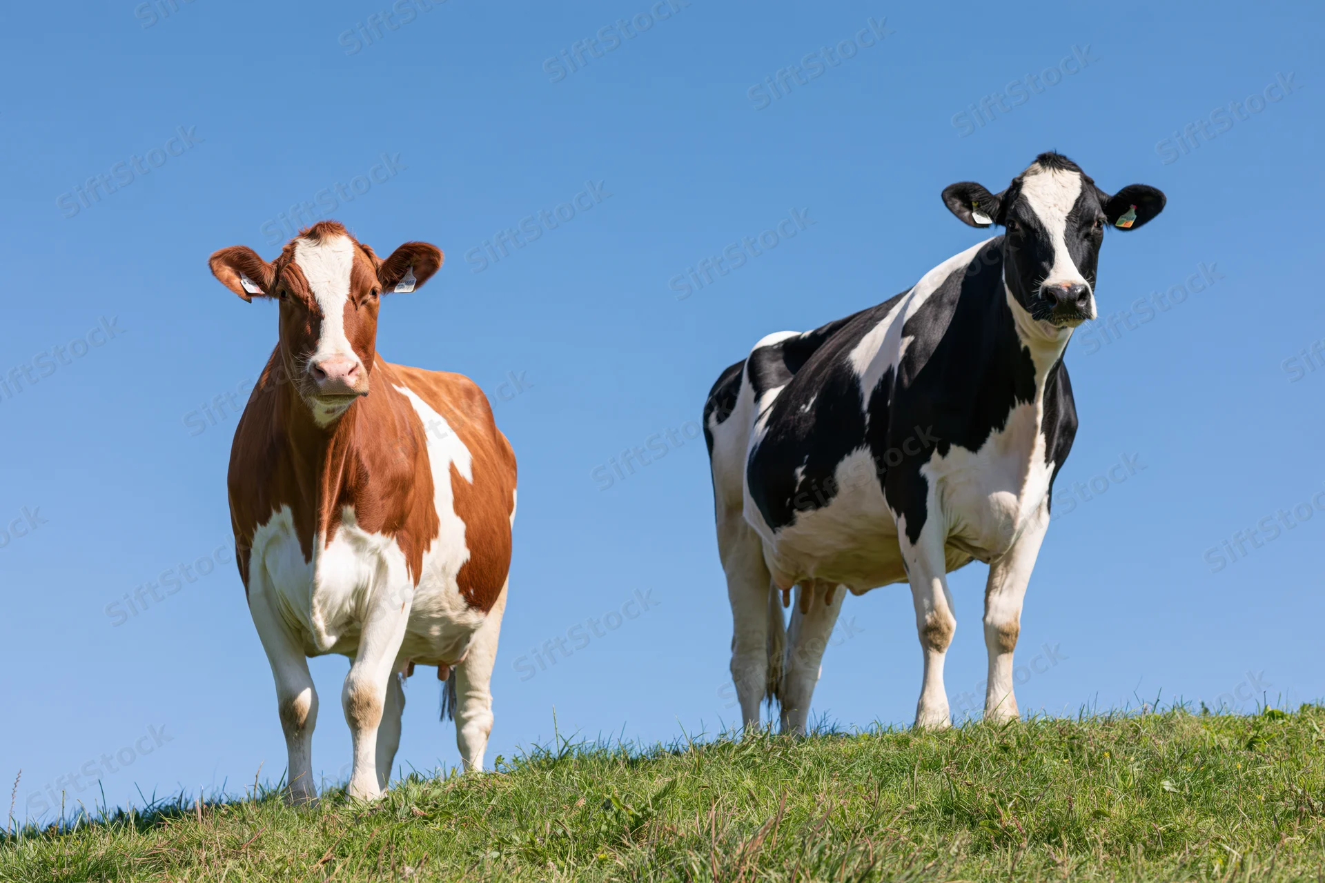 Two dairy cows standing on a grassy hill under a clear blue sky