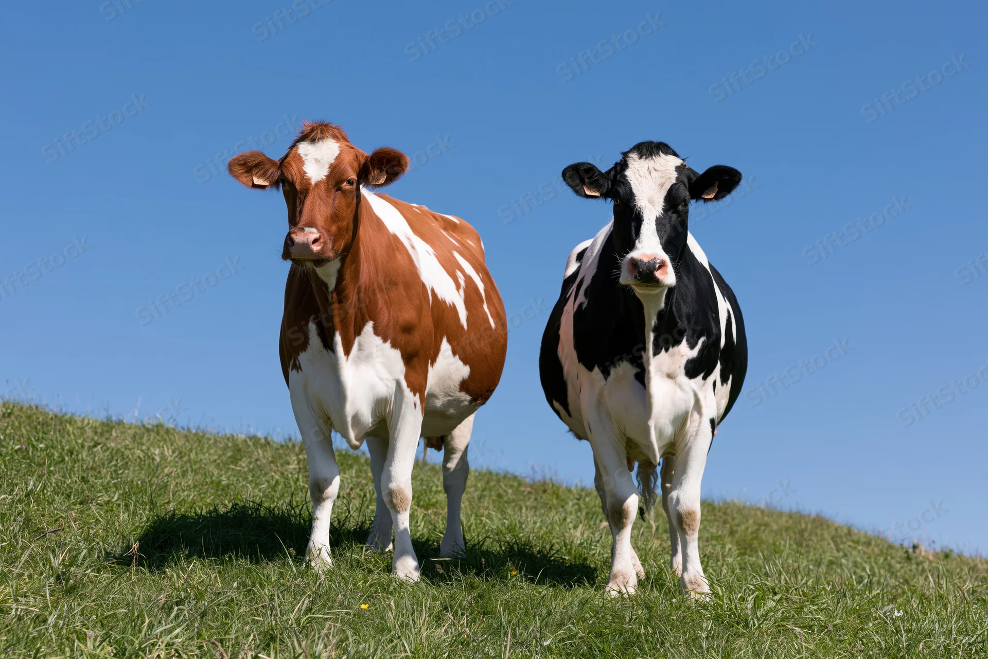 Two dairy cows standing on a gently sloping green pasture under a clear blue sky