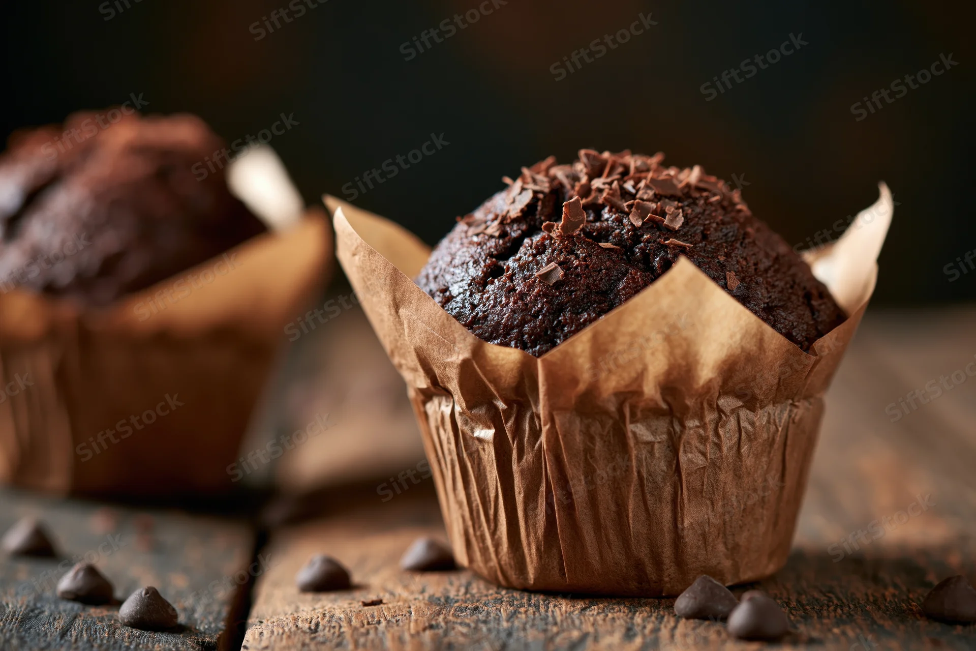 Dark chocolate muffin in crinkled brown paper wrapper on wooden surface with scattered chocolate chips