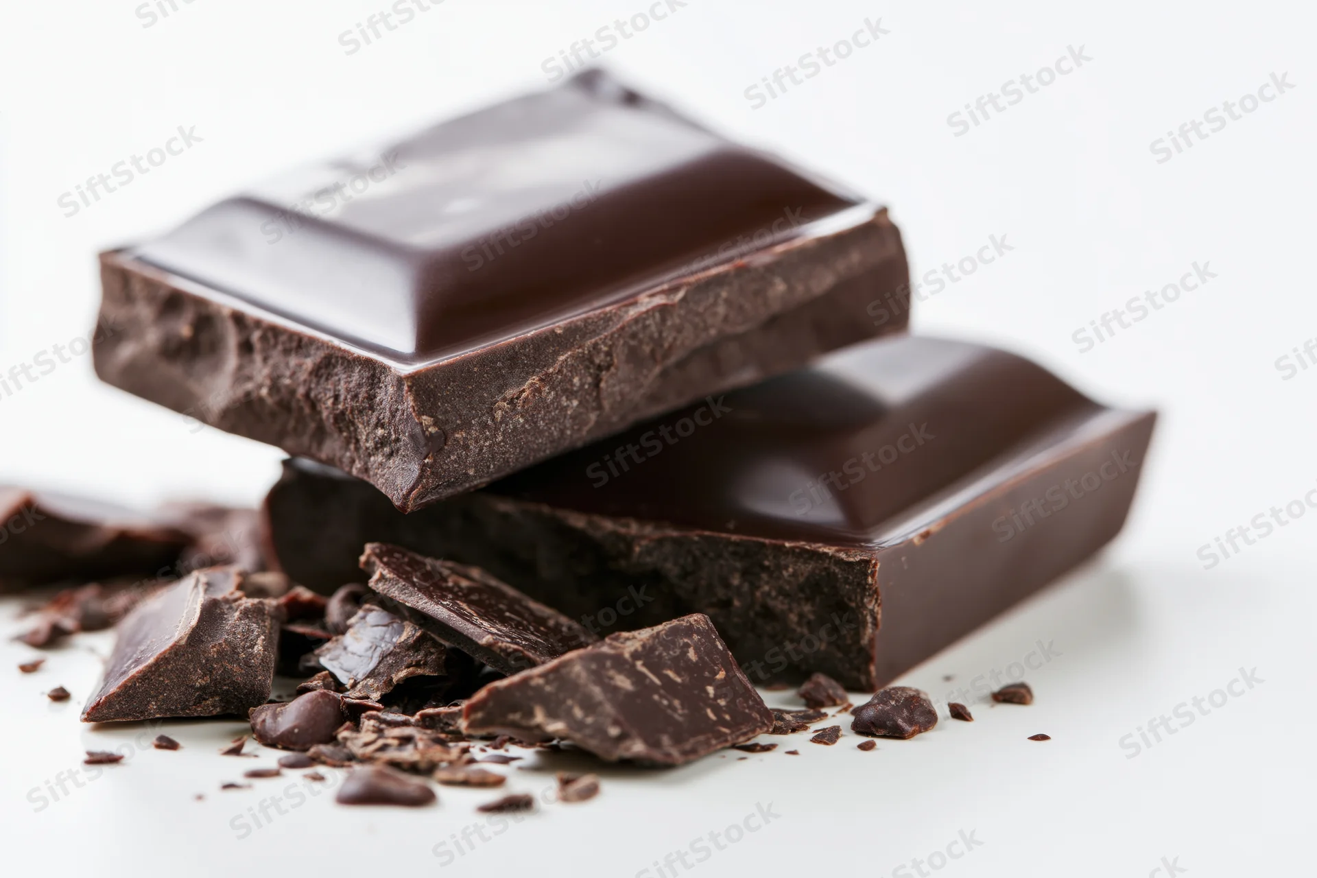 Dark chocolate bars stacked with broken pieces on white background