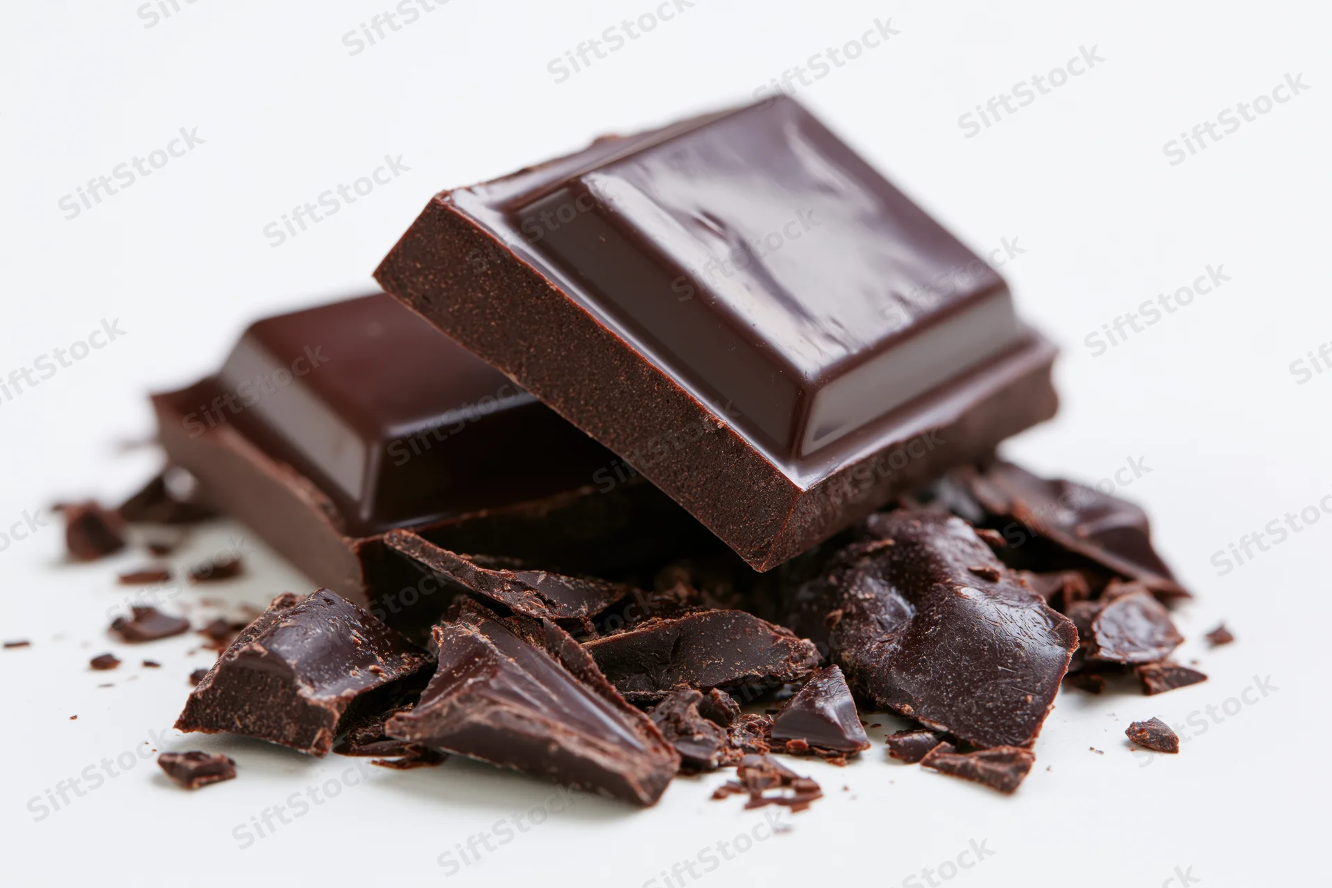 Dark chocolate squares stacked with broken pieces on white background