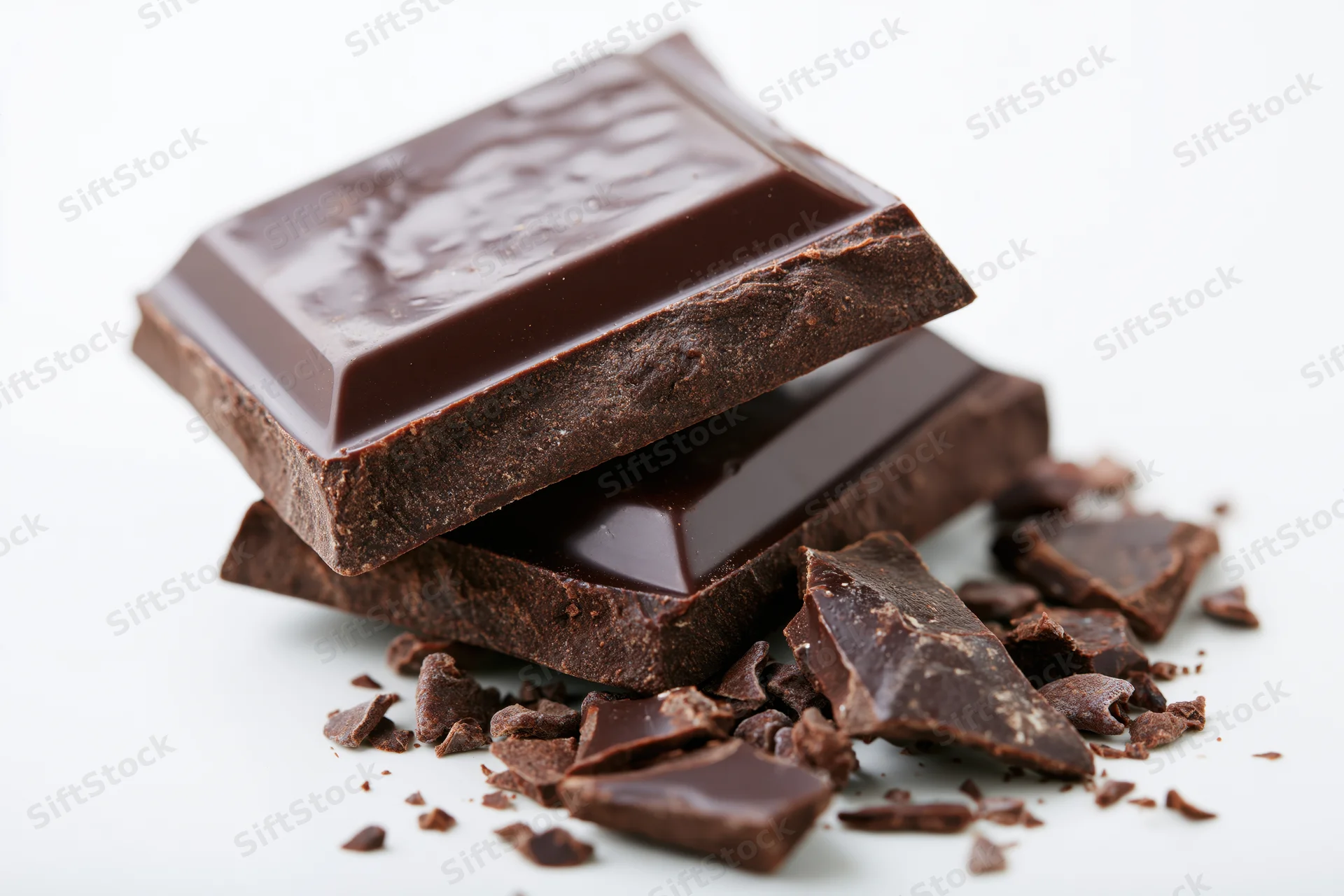Dark chocolate squares stacked with broken pieces on white background