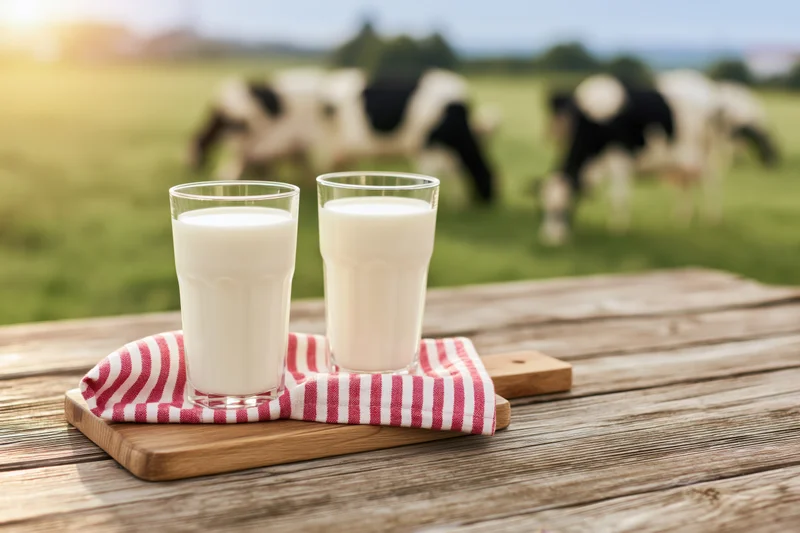 Two full glasses of fresh milk on a wooden board with striped cloth, set on a rustic table with cows grazing in a green pasture behind