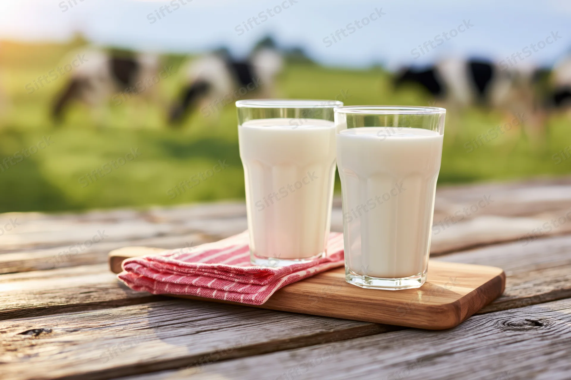 Two full glasses of fresh milk on a wooden cutting board outdoors with cows in a pasture behind