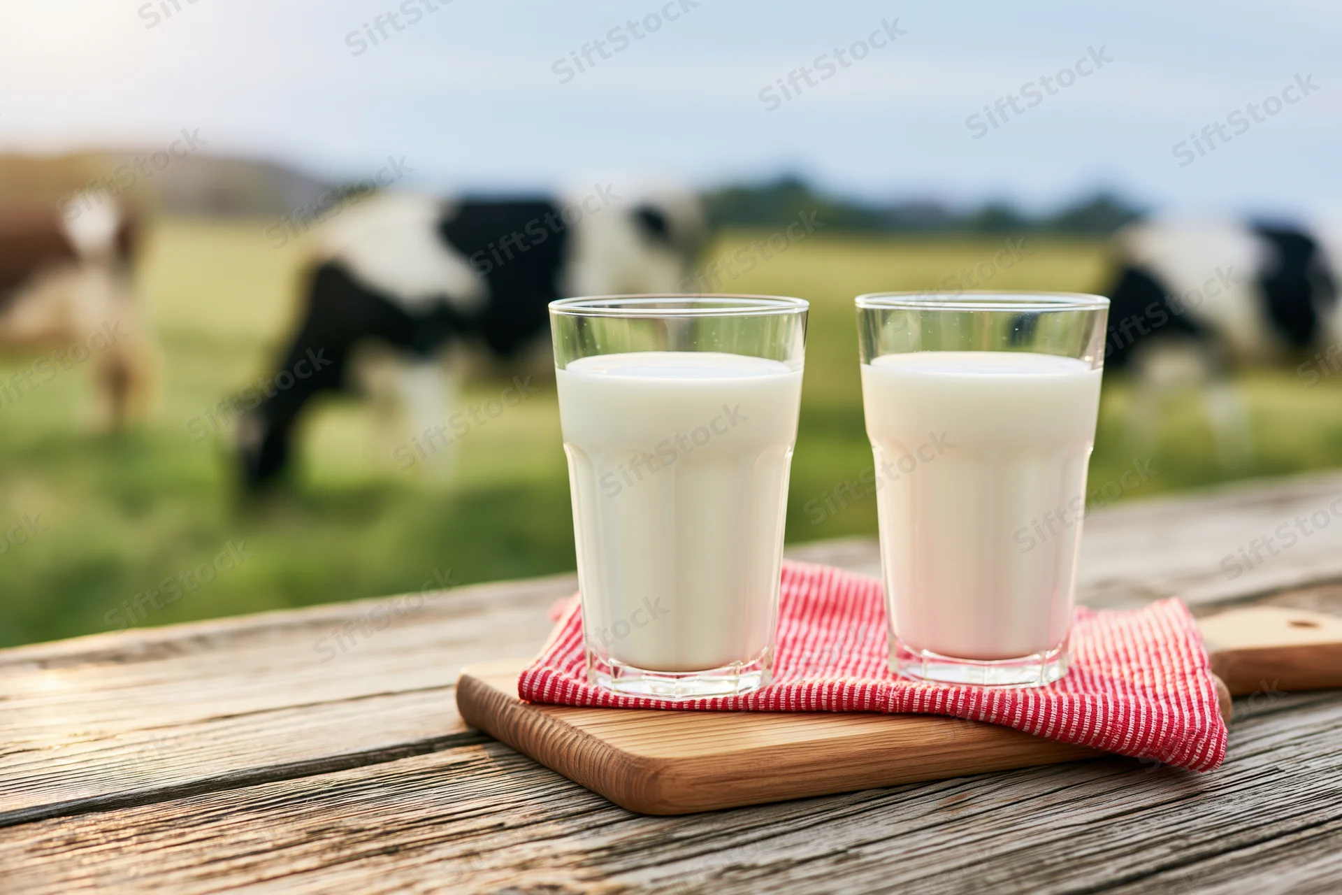 Two glasses of fresh milk on a wooden cutting board with a red cloth, set on a rustic table outdoors with cows grazing in a green pasture in the background