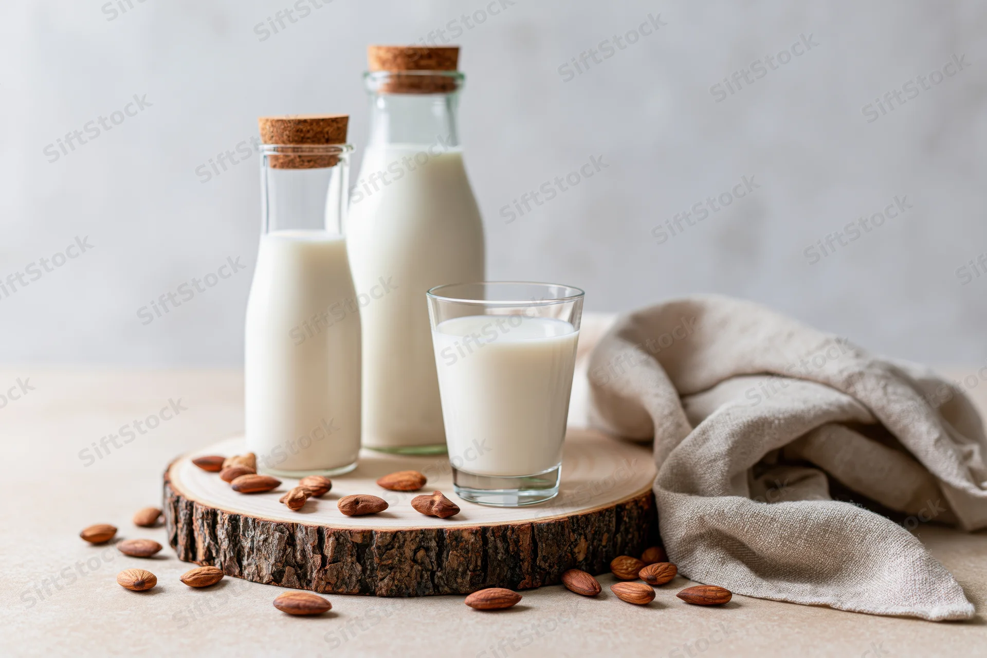 Almond milk in glass bottles and a glass on a wooden slice with scattered almonds and a linen cloth on a light surface