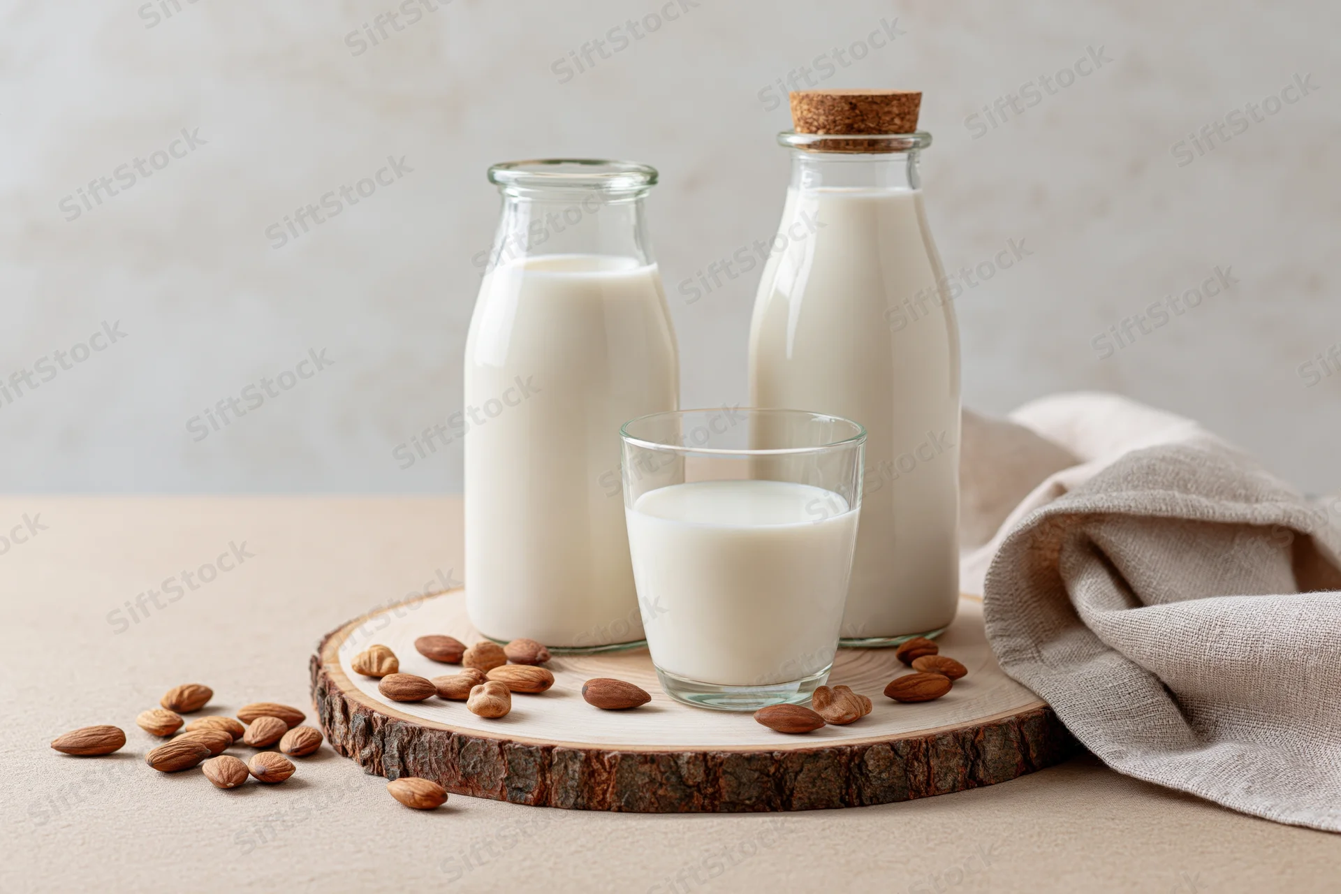 Almond milk in glass bottles and a glass on a wooden tray with scattered almonds and a linen cloth on a countertop