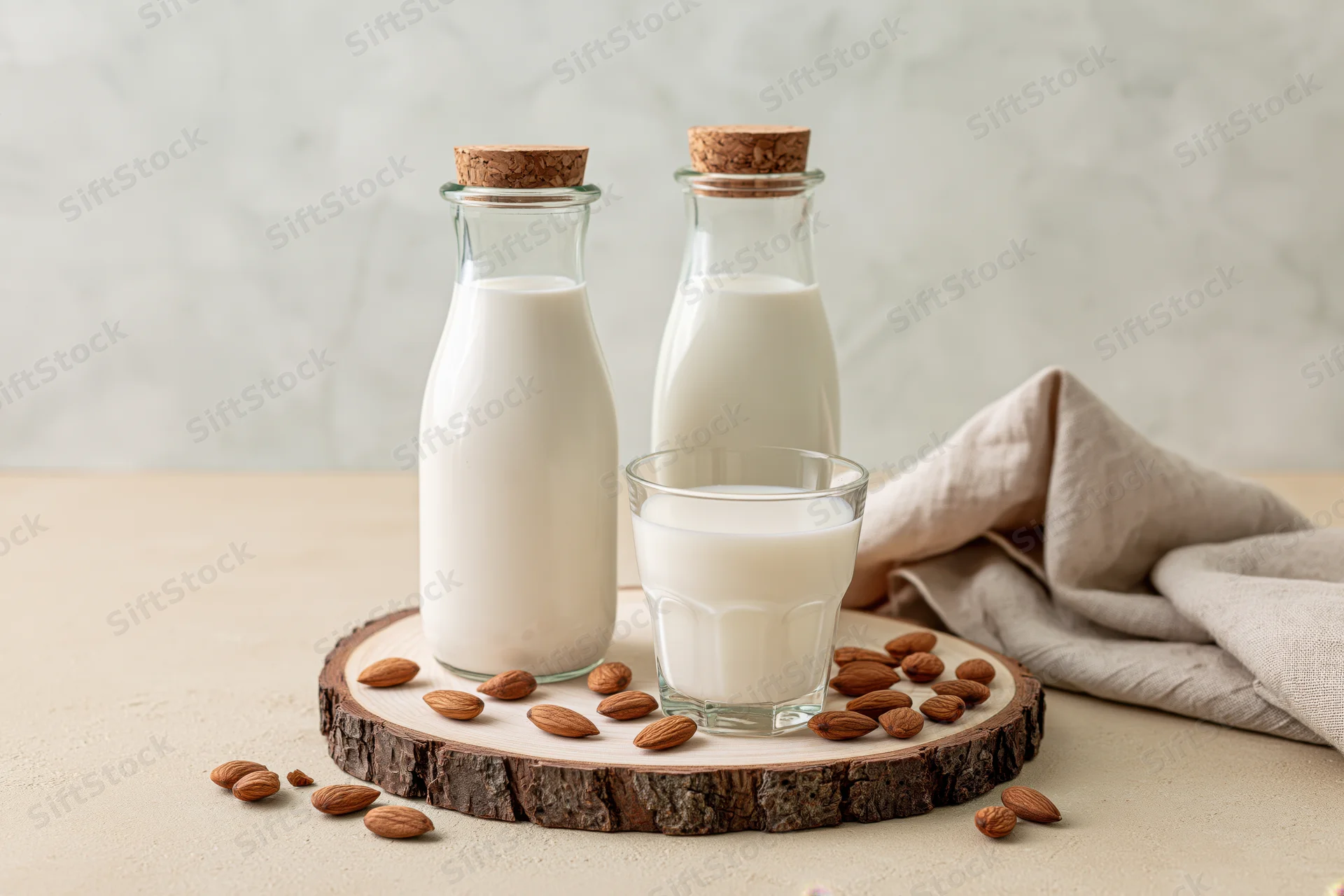 Almond milk in glass bottles and a drinking glass arranged on a wooden tray with scattered almonds on a kitchen countertop