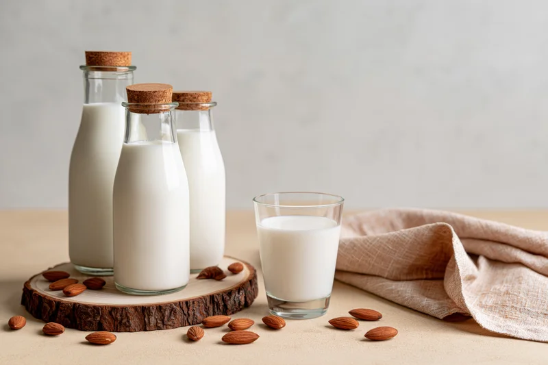 Almond milk in glass bottles and a glass on a wooden slice with scattered almonds on a countertop