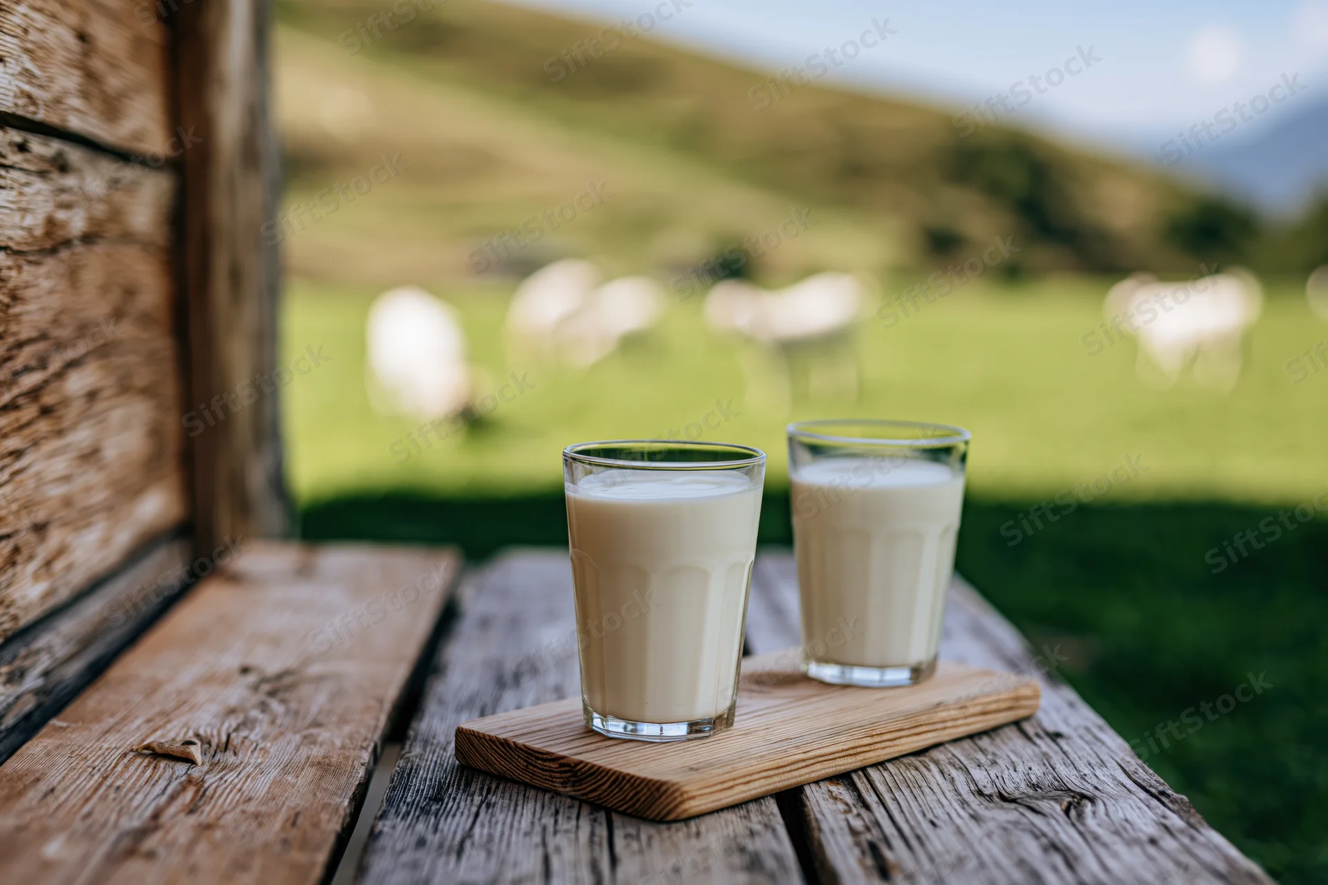 Two glasses of milk on a wooden table outdoors with sheep grazing in a green field
