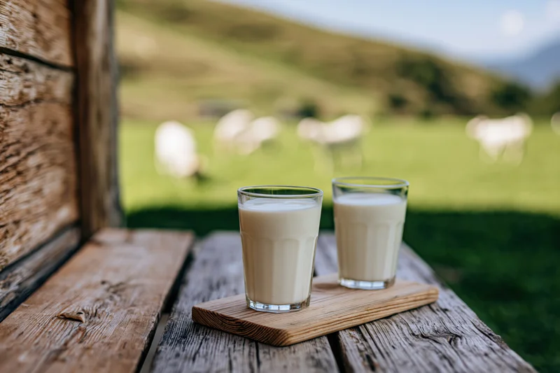 Two glasses of milk on a wooden table outdoors with sheep grazing in a green field