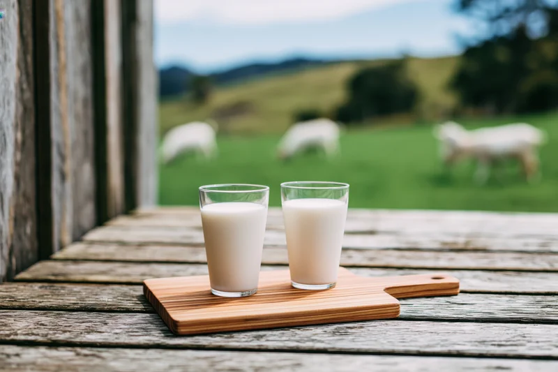 Two glasses of milk on a wooden cutting board on a rustic table with sheep grazing in a green pasture beyond