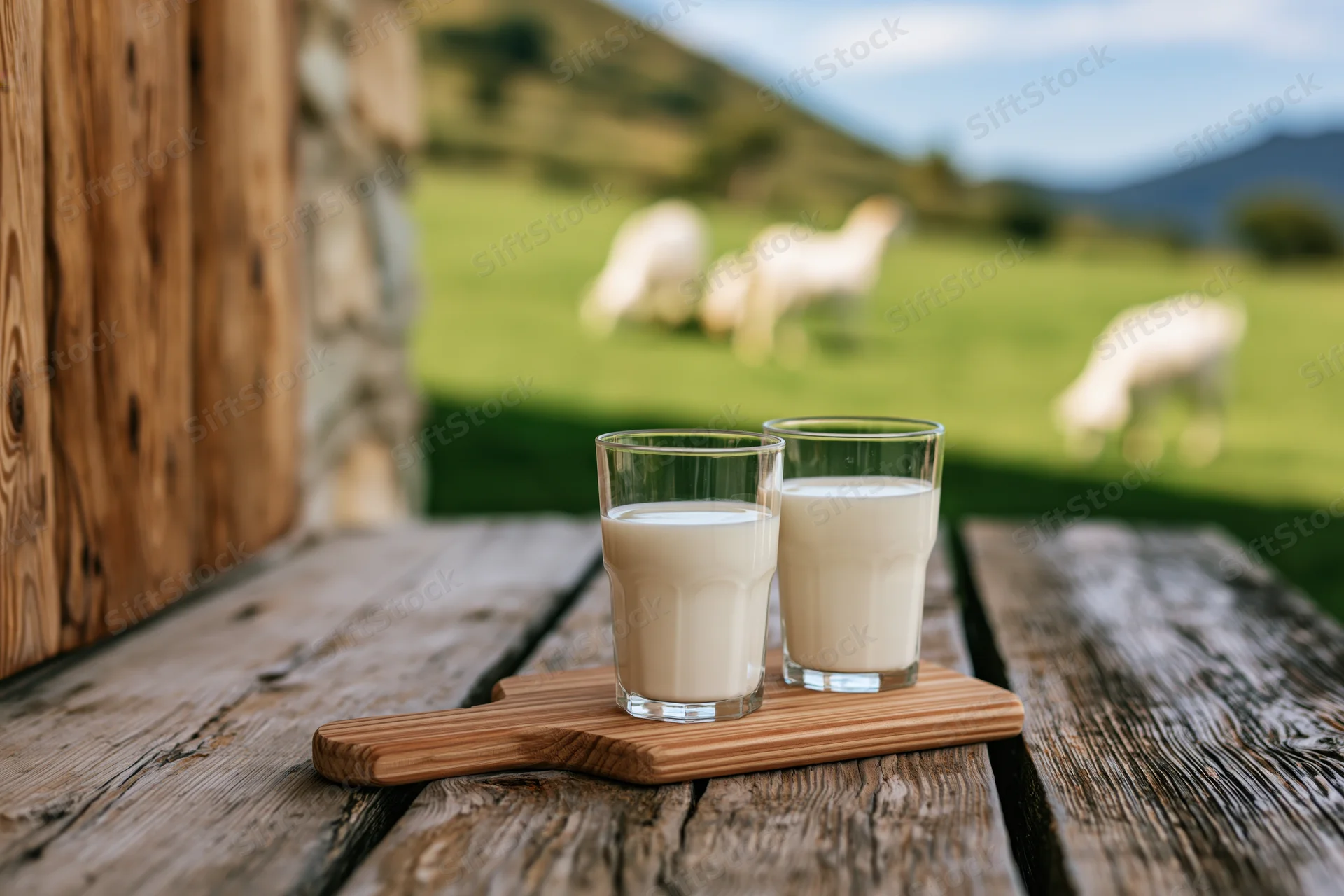 Two glasses of fresh milk on a wooden tray on a rustic table with grazing sheep in a green field behind