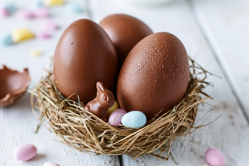 Chocolate easter eggs in a straw nest with a small bunny and pastel candies on a white wooden surface