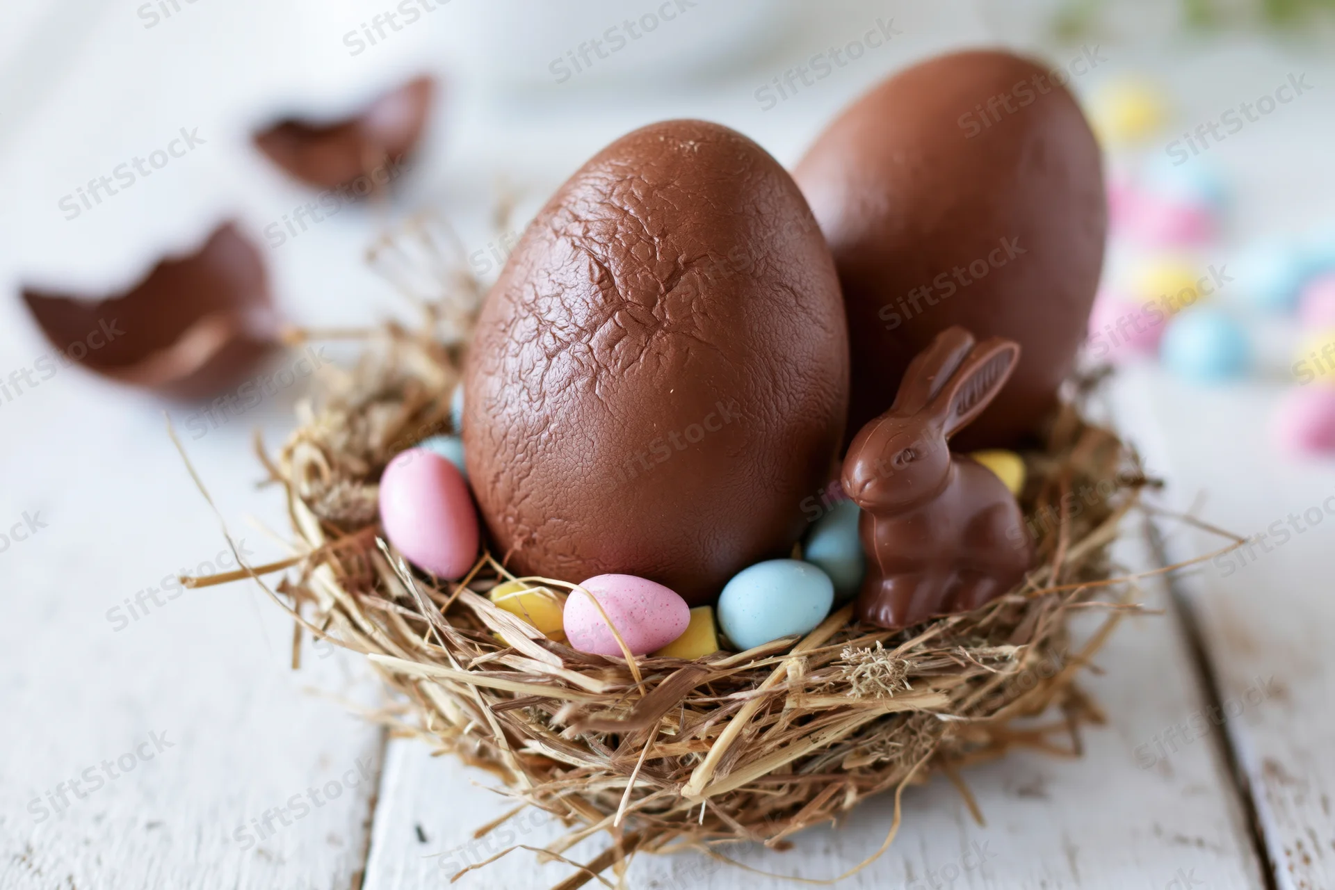 Chocolate easter eggs and a bunny in a straw nest on a white wooden surface