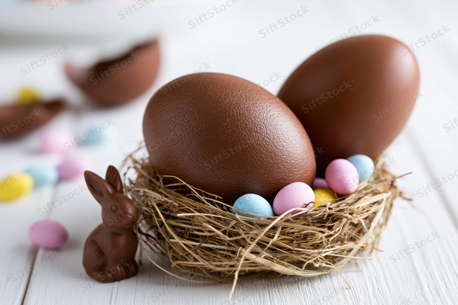 Two large chocolate easter eggs in a straw nest with small pastel eggs and a chocolate bunny on a white wooden surface
