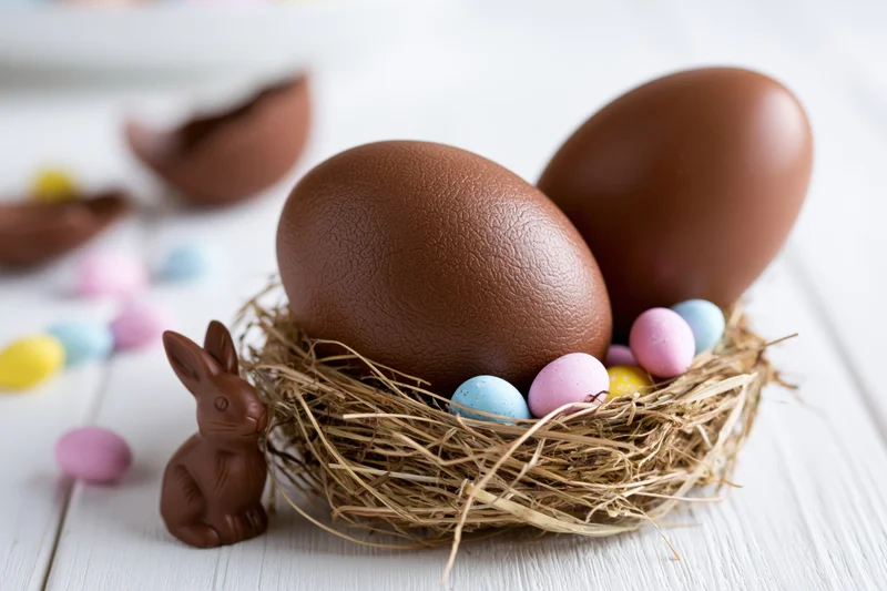 Two large chocolate easter eggs in a straw nest with small pastel eggs and a chocolate bunny on a white wooden surface