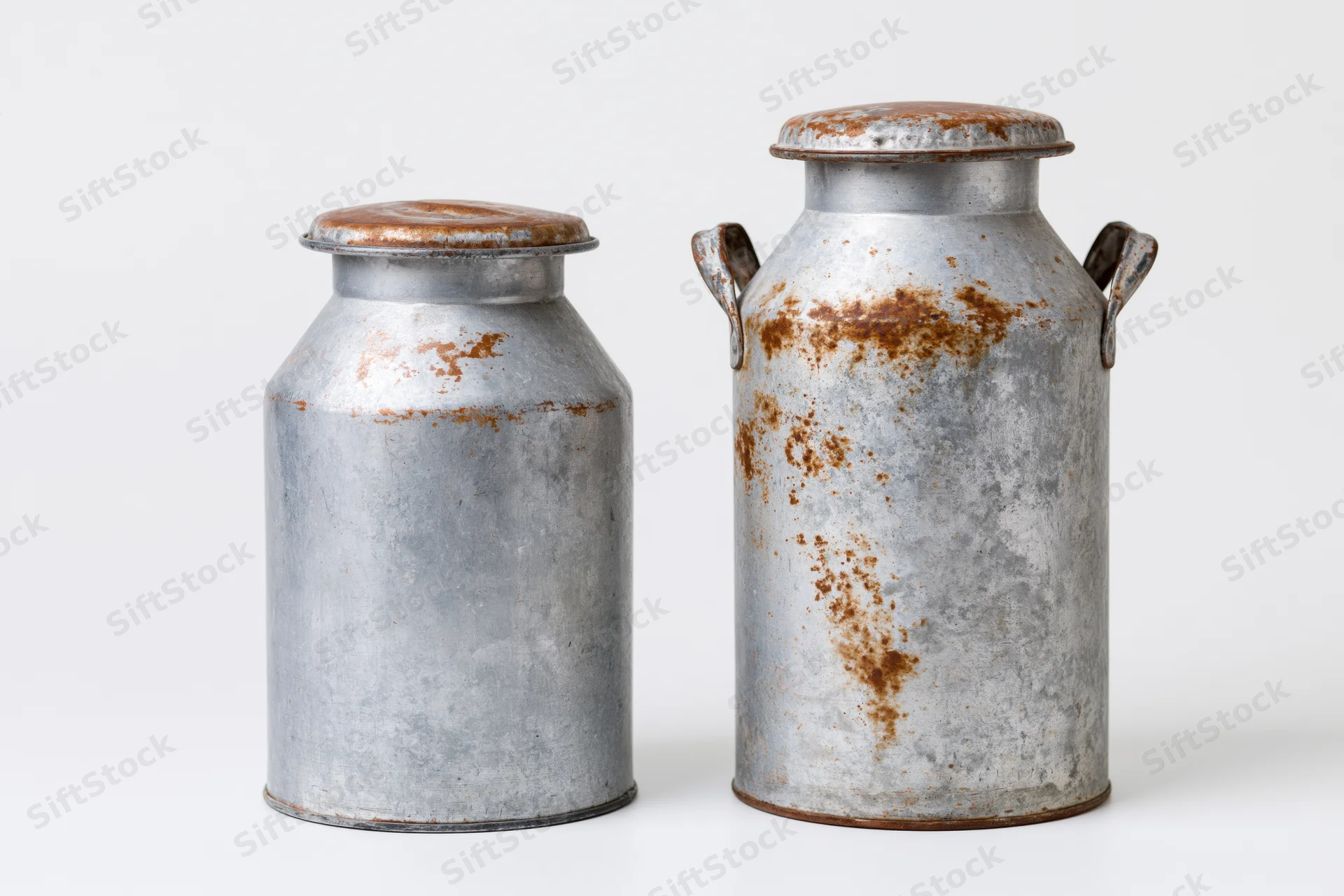 Two old metal milk cans standing side by side on a white surface
