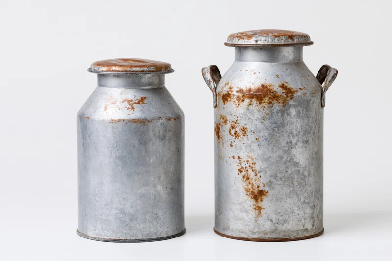 Two old metal milk cans standing side by side on a white surface