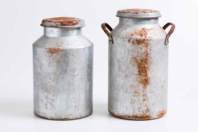 Two old metal milk cans standing side by side on a white surface