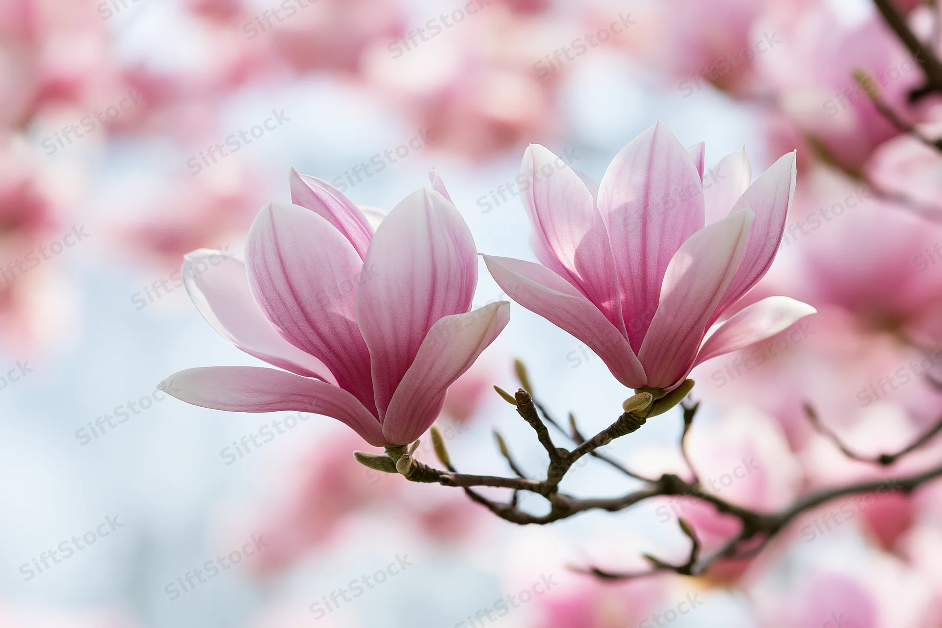Two open magnolia blossoms on a bare branch against a soft blurred background of pink blooms and sky