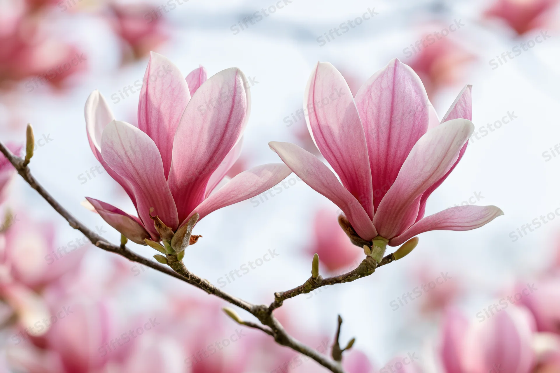 Two open magnolia blossoms on a bare branch with soft pink petals in springtime garden setting