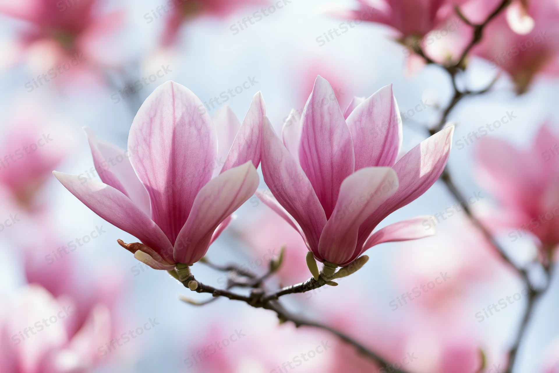 Two open magnolia blossoms on a bare branch against a soft sky background