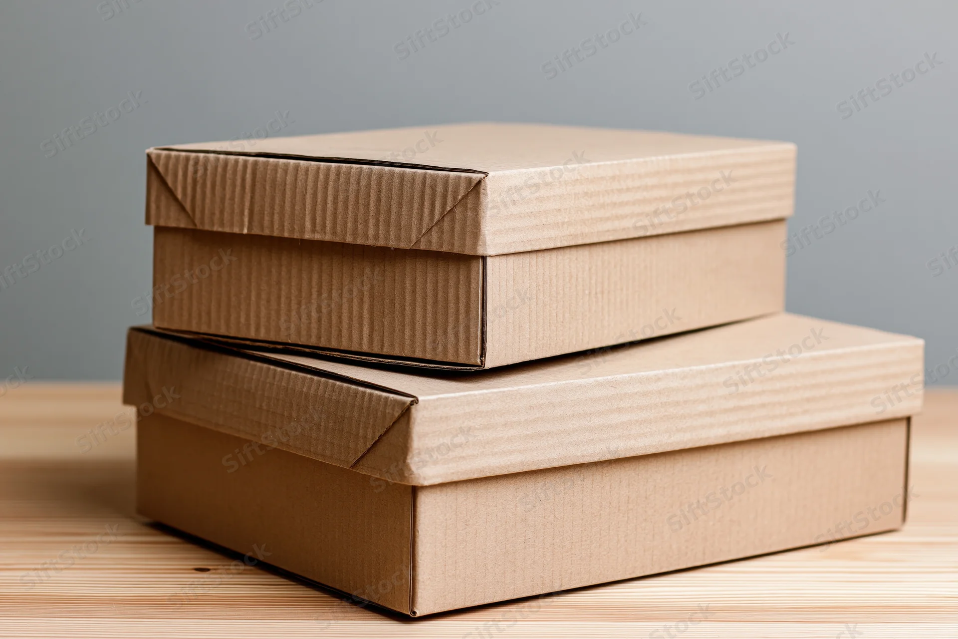 Two plain corrugated cardboard boxes stacked at a slight angle on a wooden table